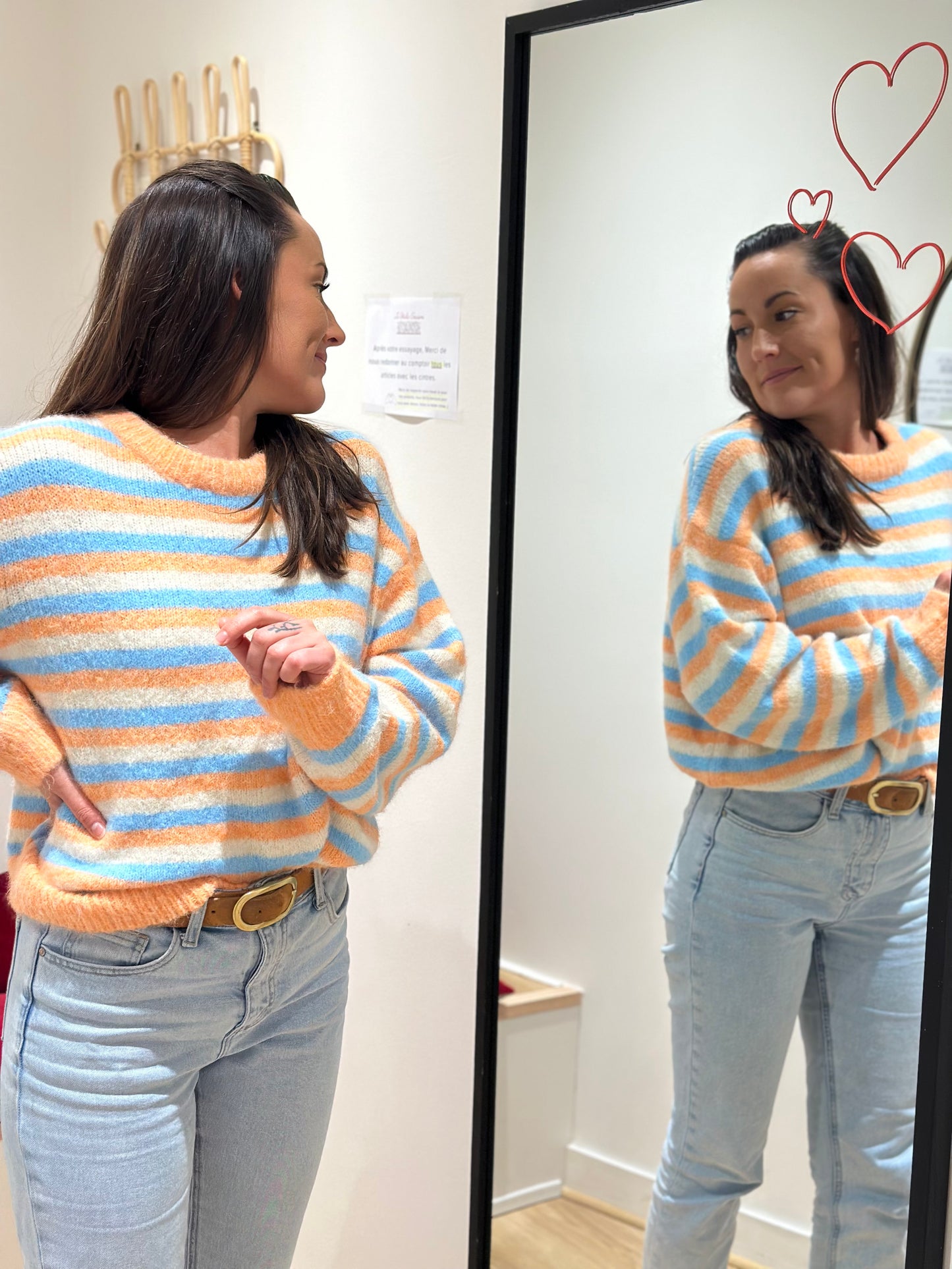 Pull rayé orange bleu écru