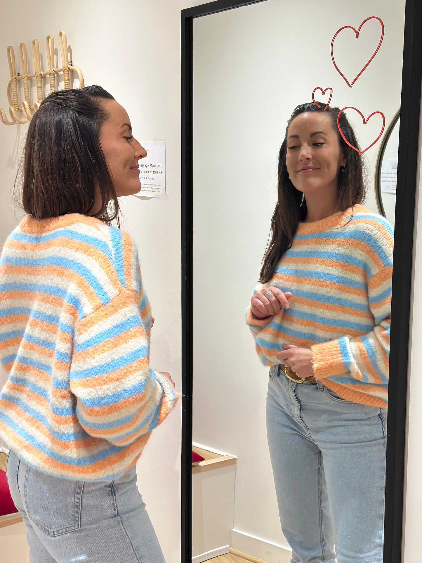 Pull rayé orange bleu écru