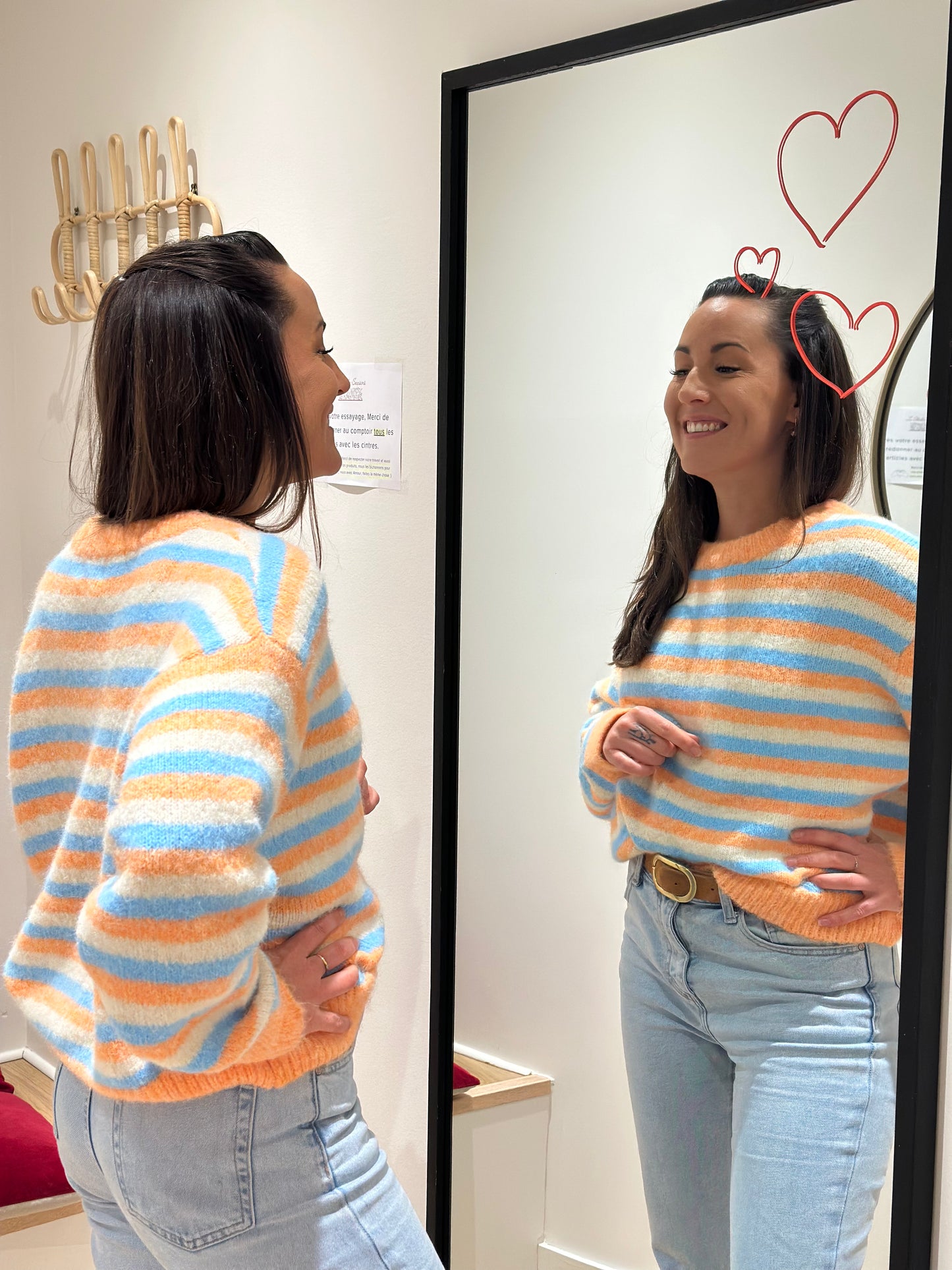 Pull rayé orange bleu écru