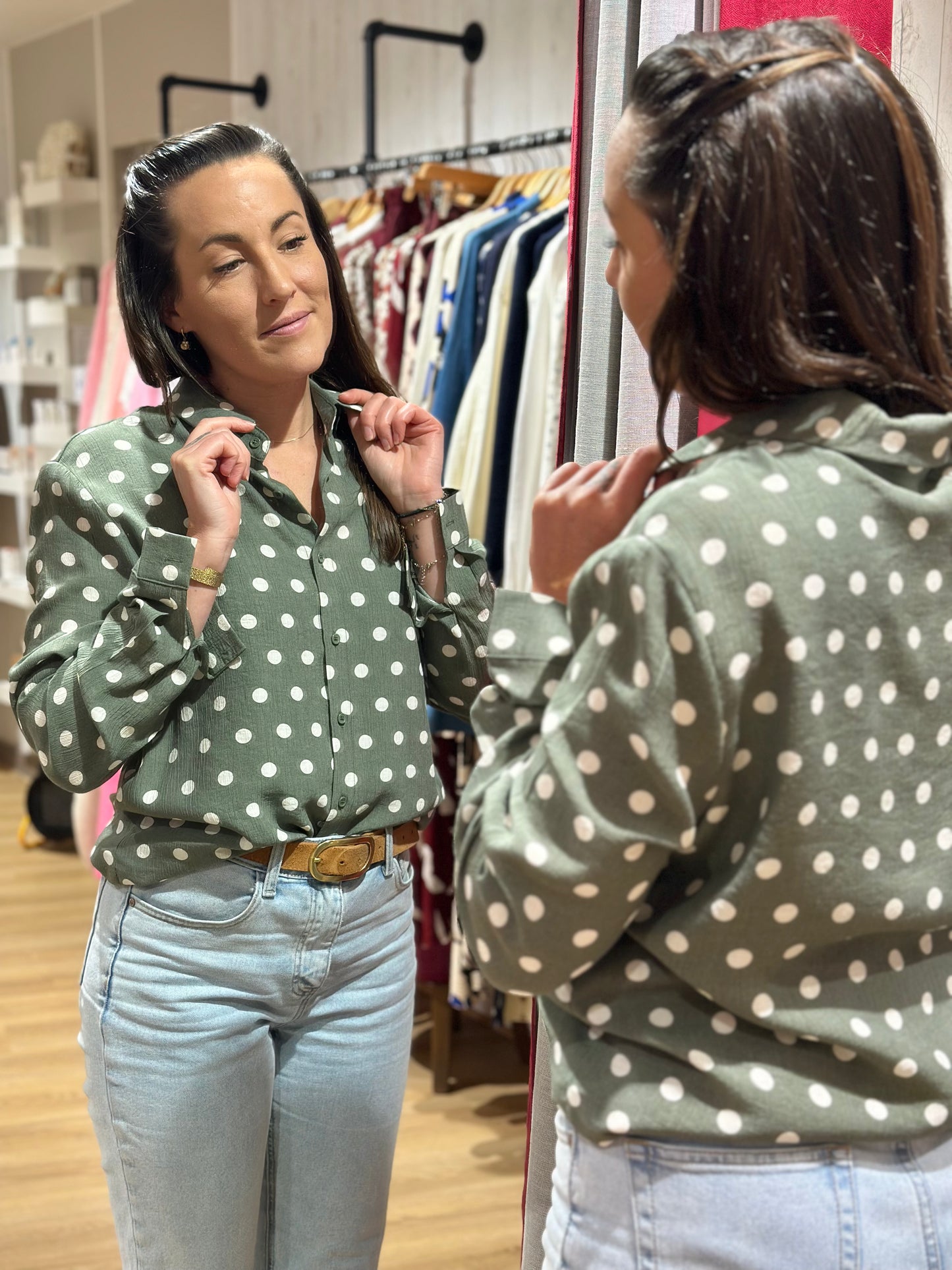 Chemise kaki pois écru