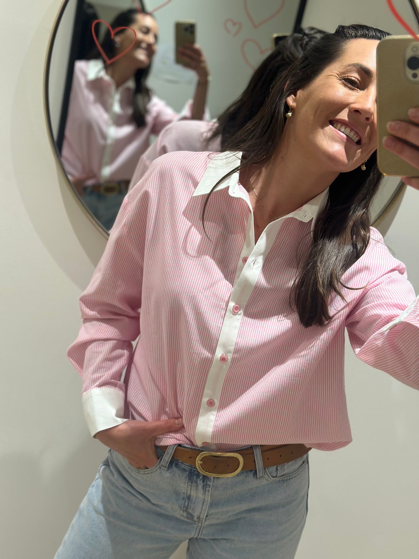 Chemise rose col manche blanc