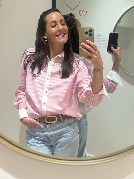 Chemise rose col manche blanc