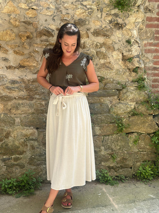 Jupe mi-longue lin beige