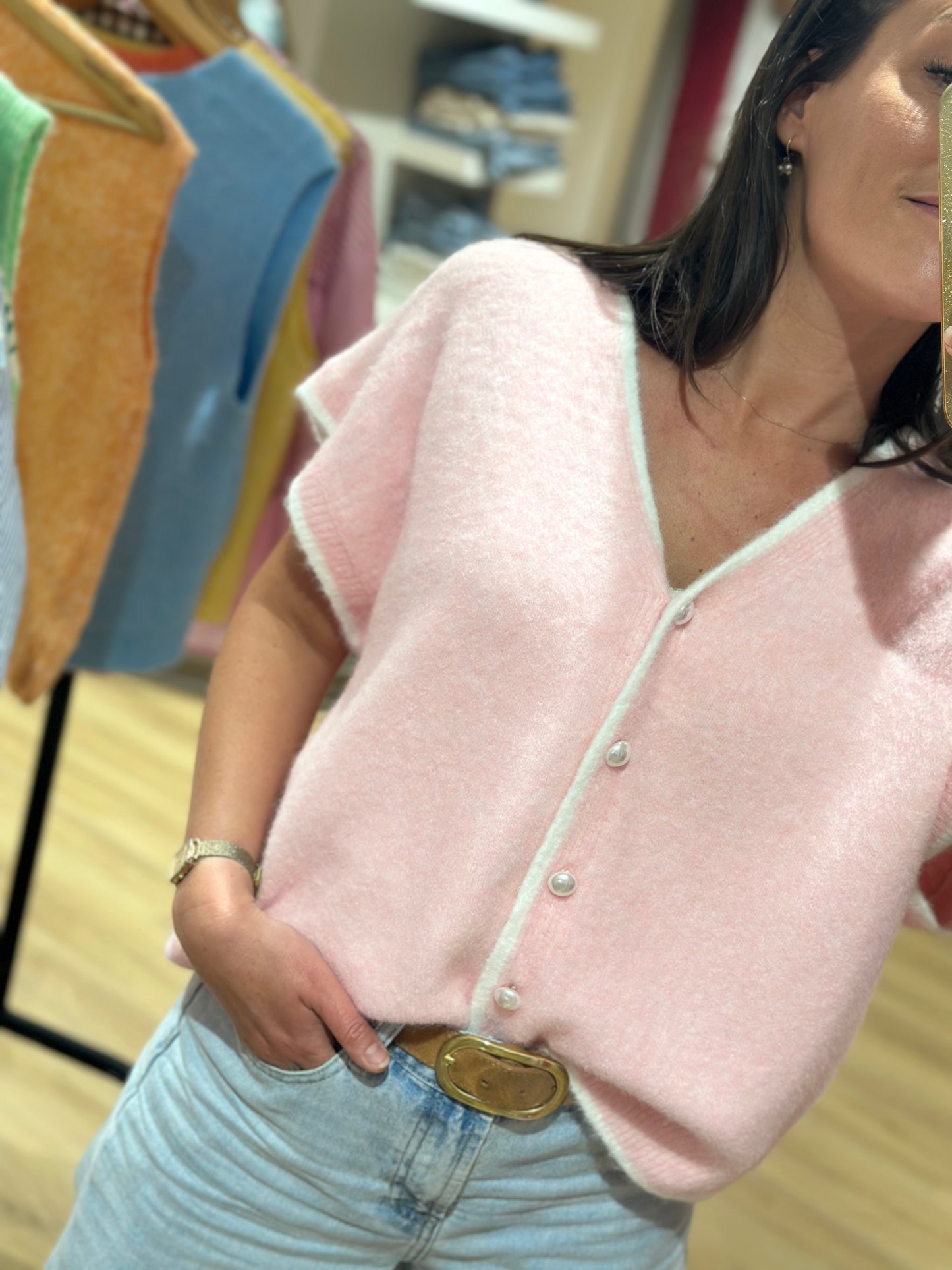 Gilet maille rose boutons
