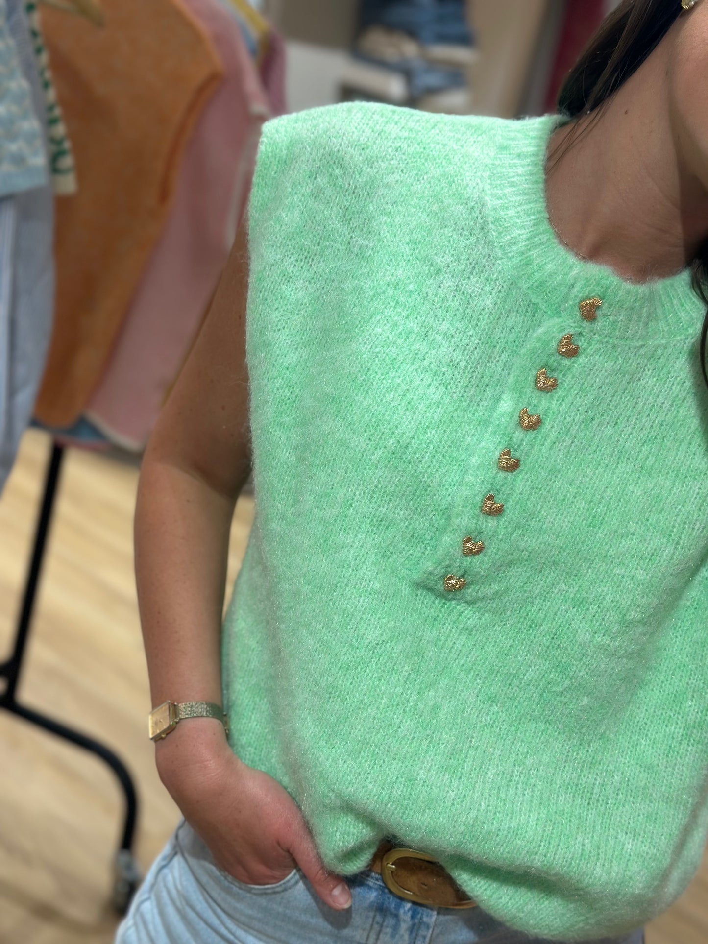 Maille coeur vert d'eau sans manches