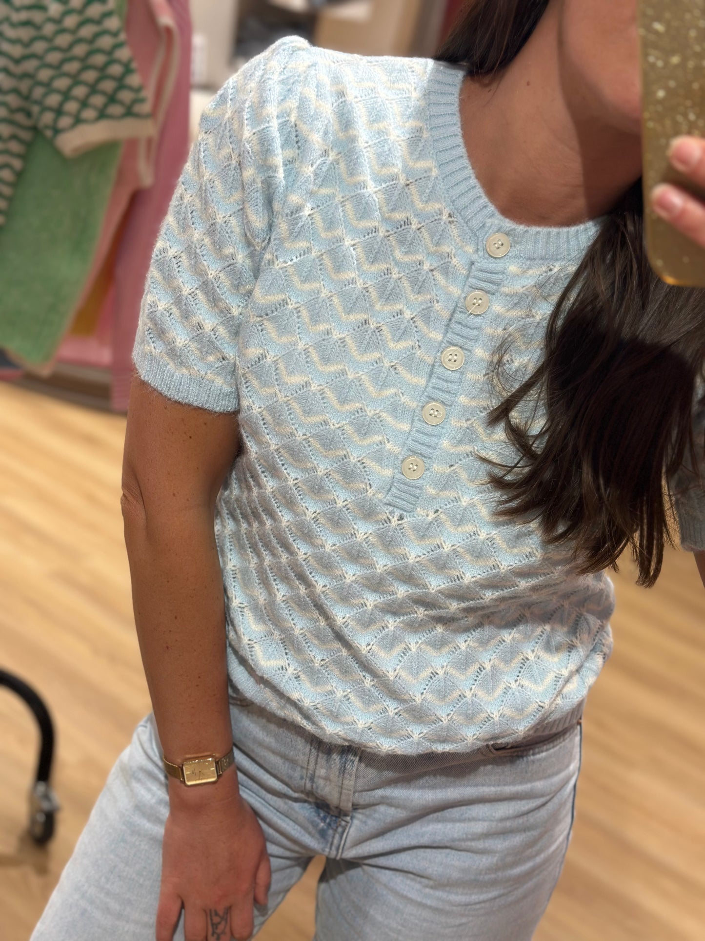 Tee-Shirt pull ciel blanc boutons