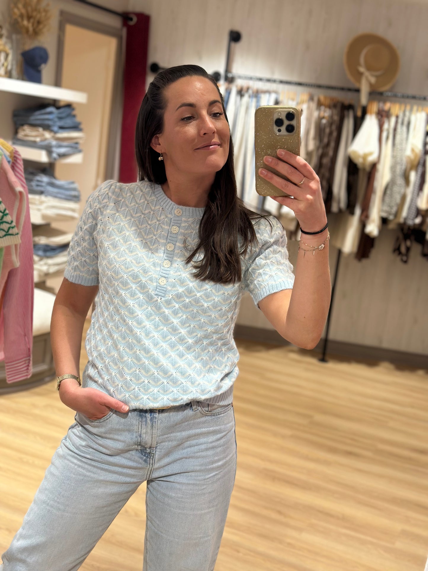Tee-Shirt pull ciel blanc boutons