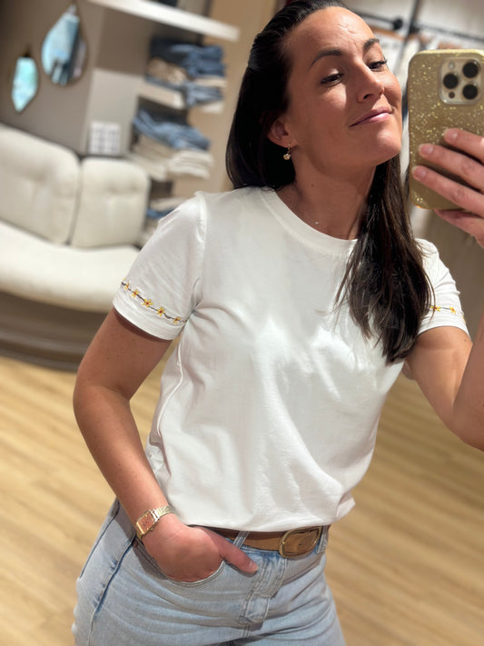 Tee-shirt blanc tournesol brodés manches