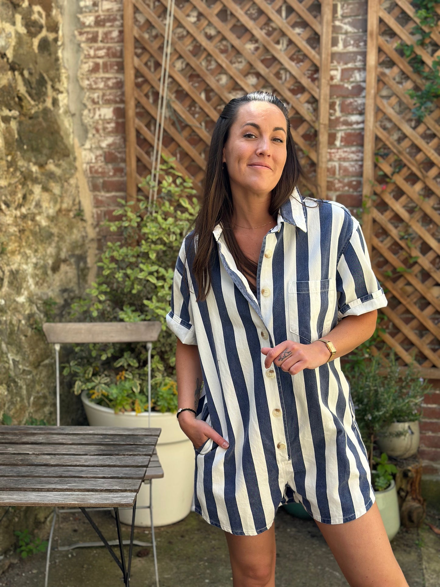 Combishort jean rayée bleu