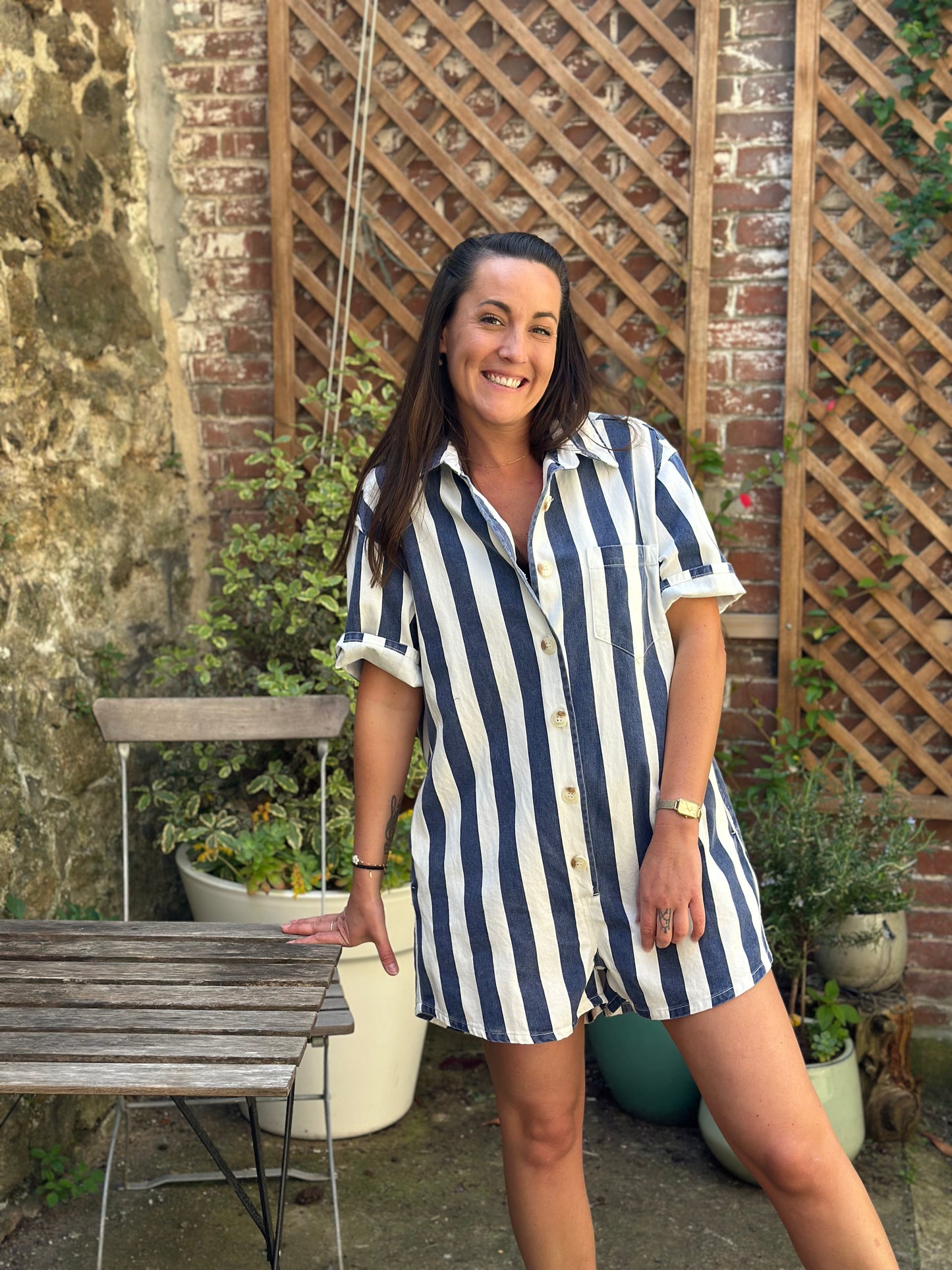 Combishort jean rayée bleu