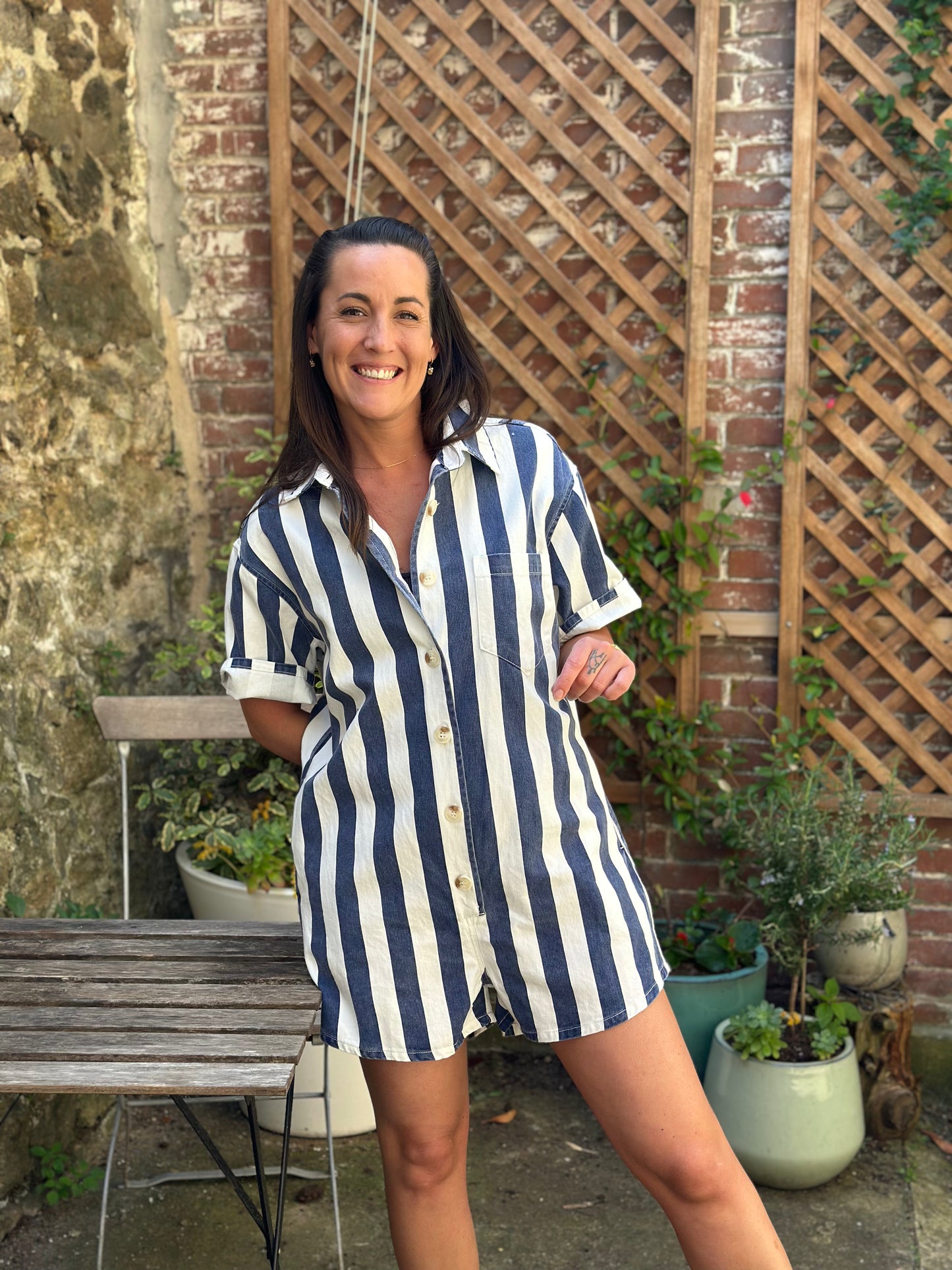 Combishort jean rayée bleu