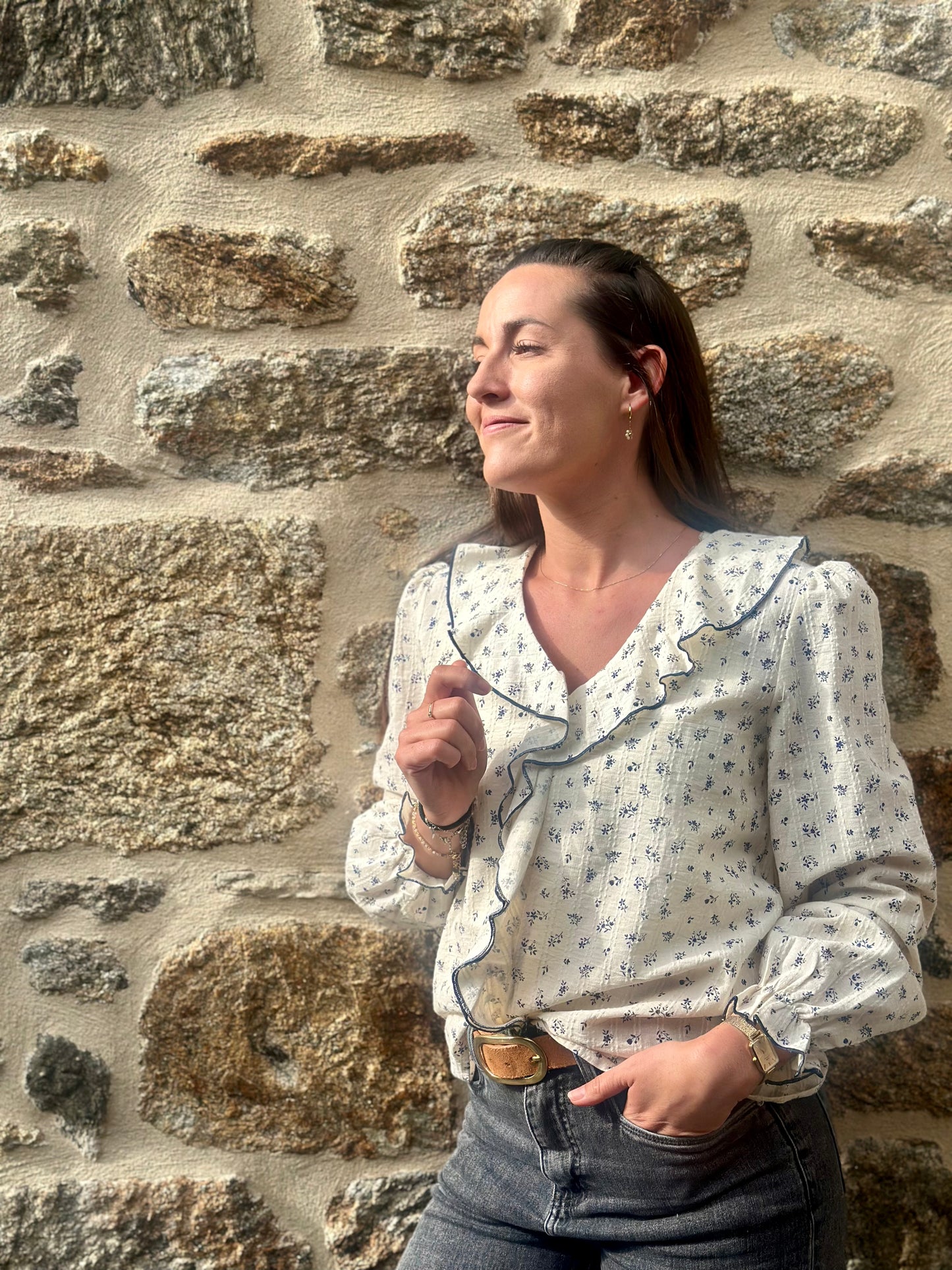 Blouse volant marine fleurs