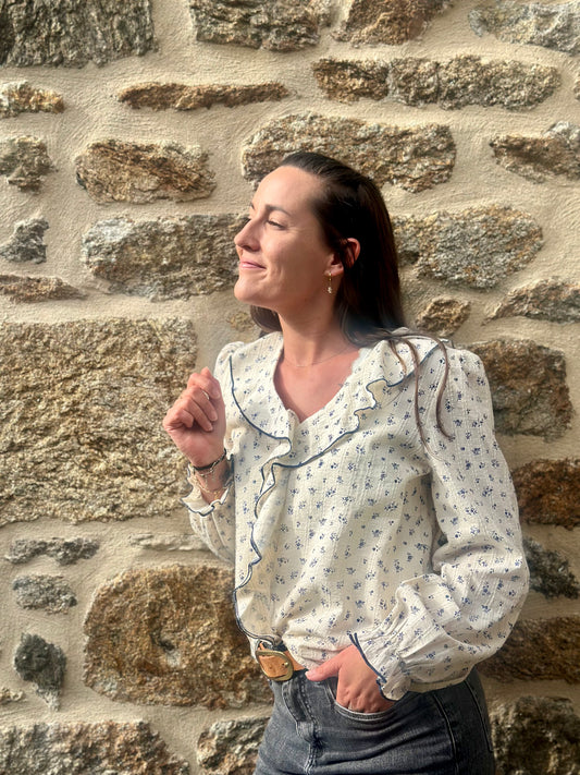 Blouse volant marine fleurs