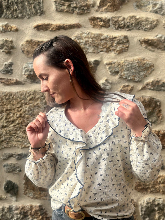 Blouse volant marine fleurs
