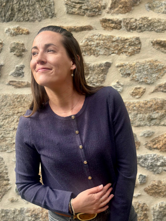 Gilet fin navy boutons fleurs