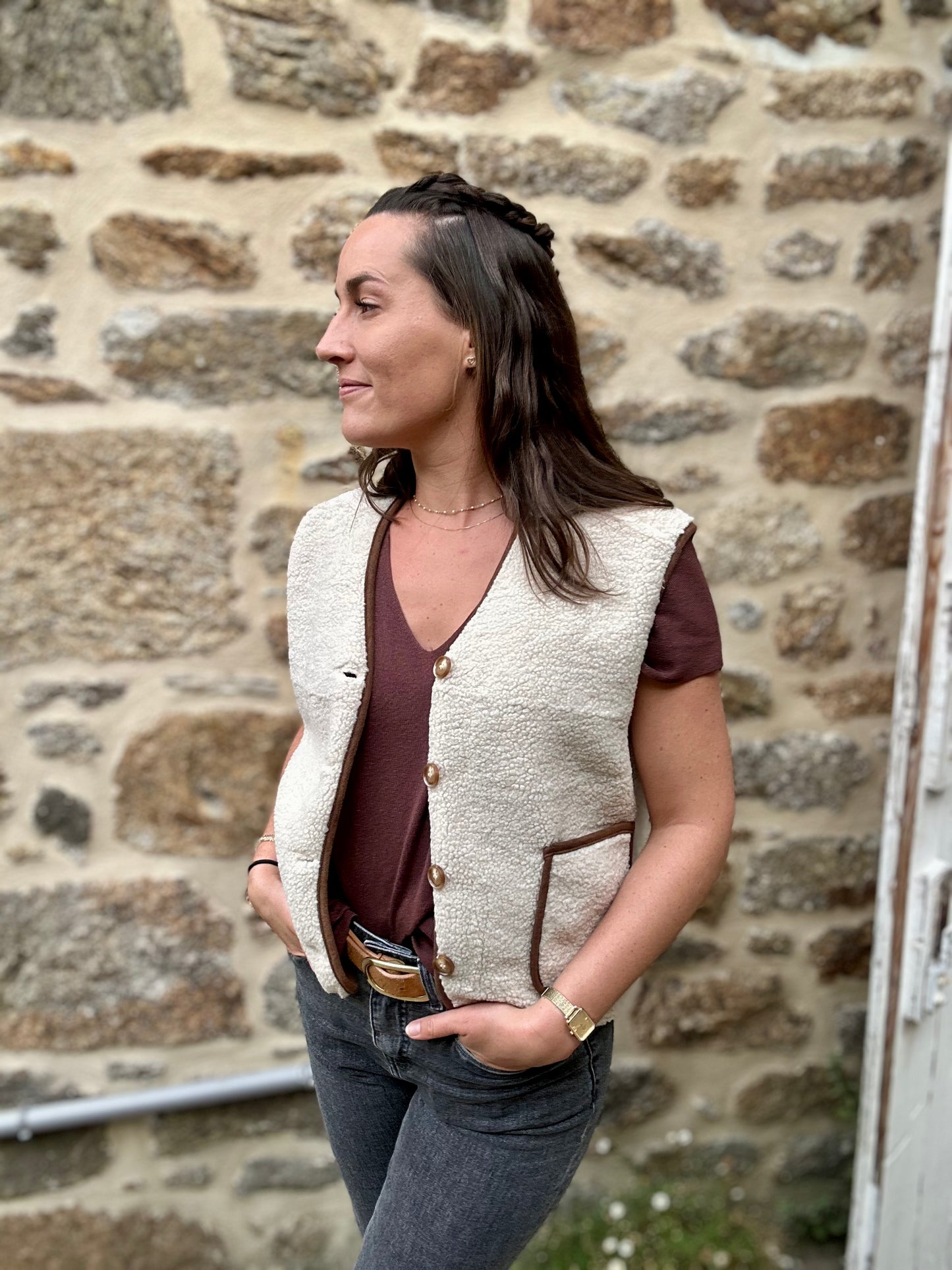 Veste beige camel S/manche moumoute