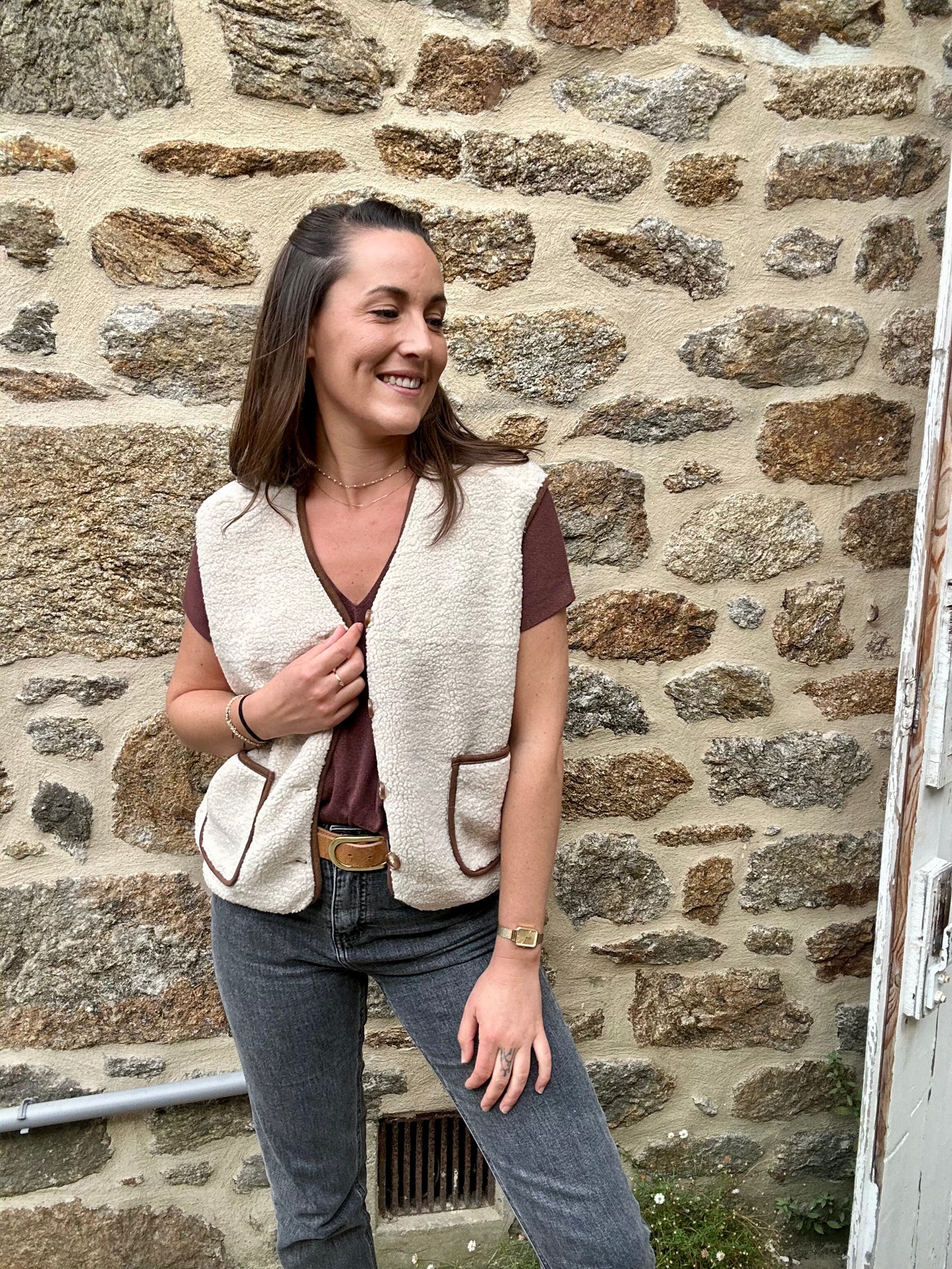 Veste beige camel S/manche moumoute