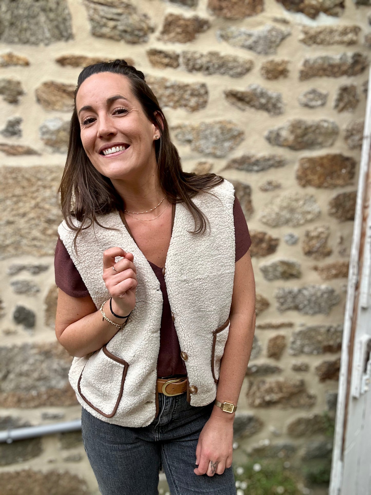 Veste beige camel S/manche moumoute