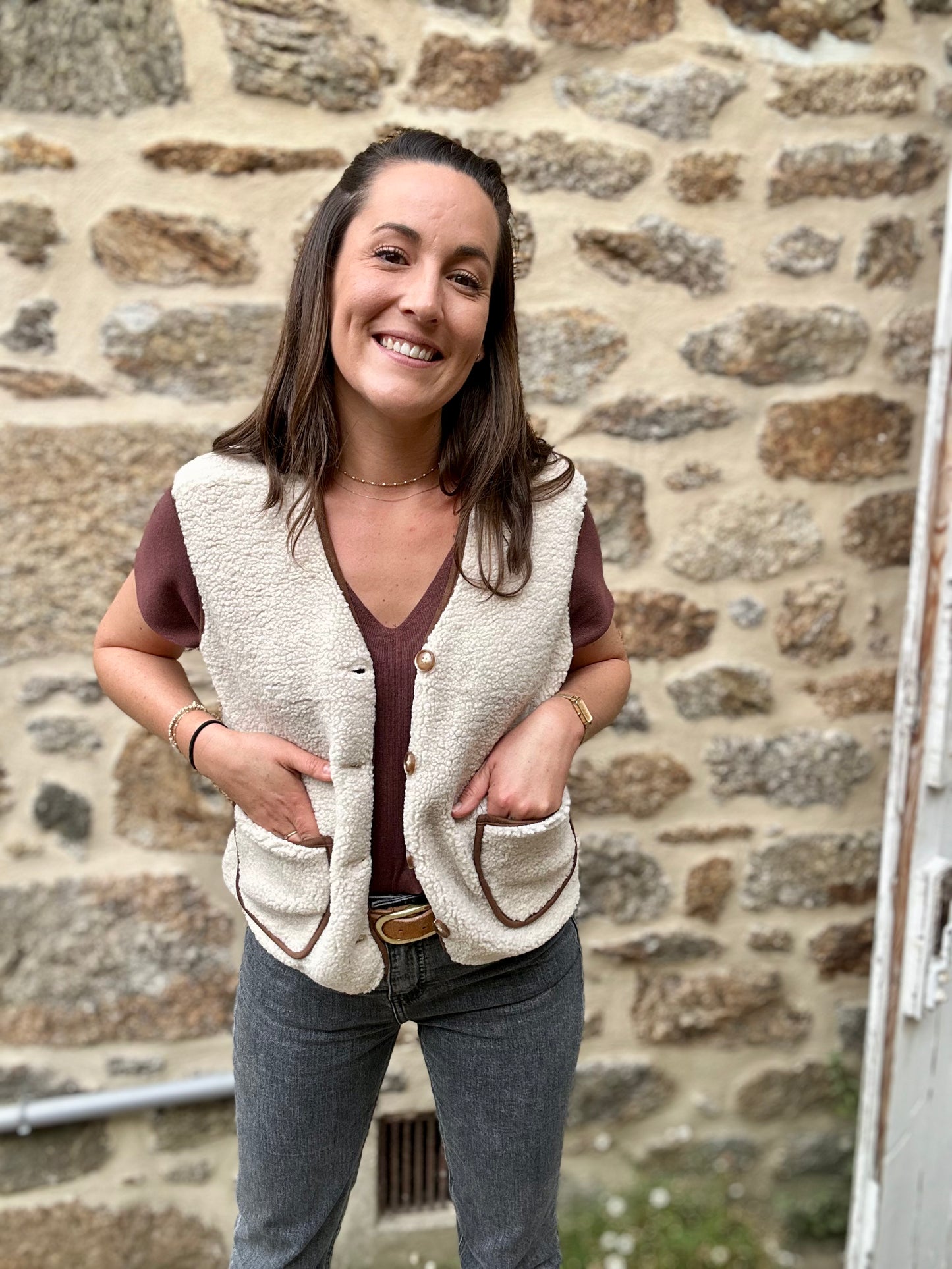 Veste beige camel S/manche moumoute