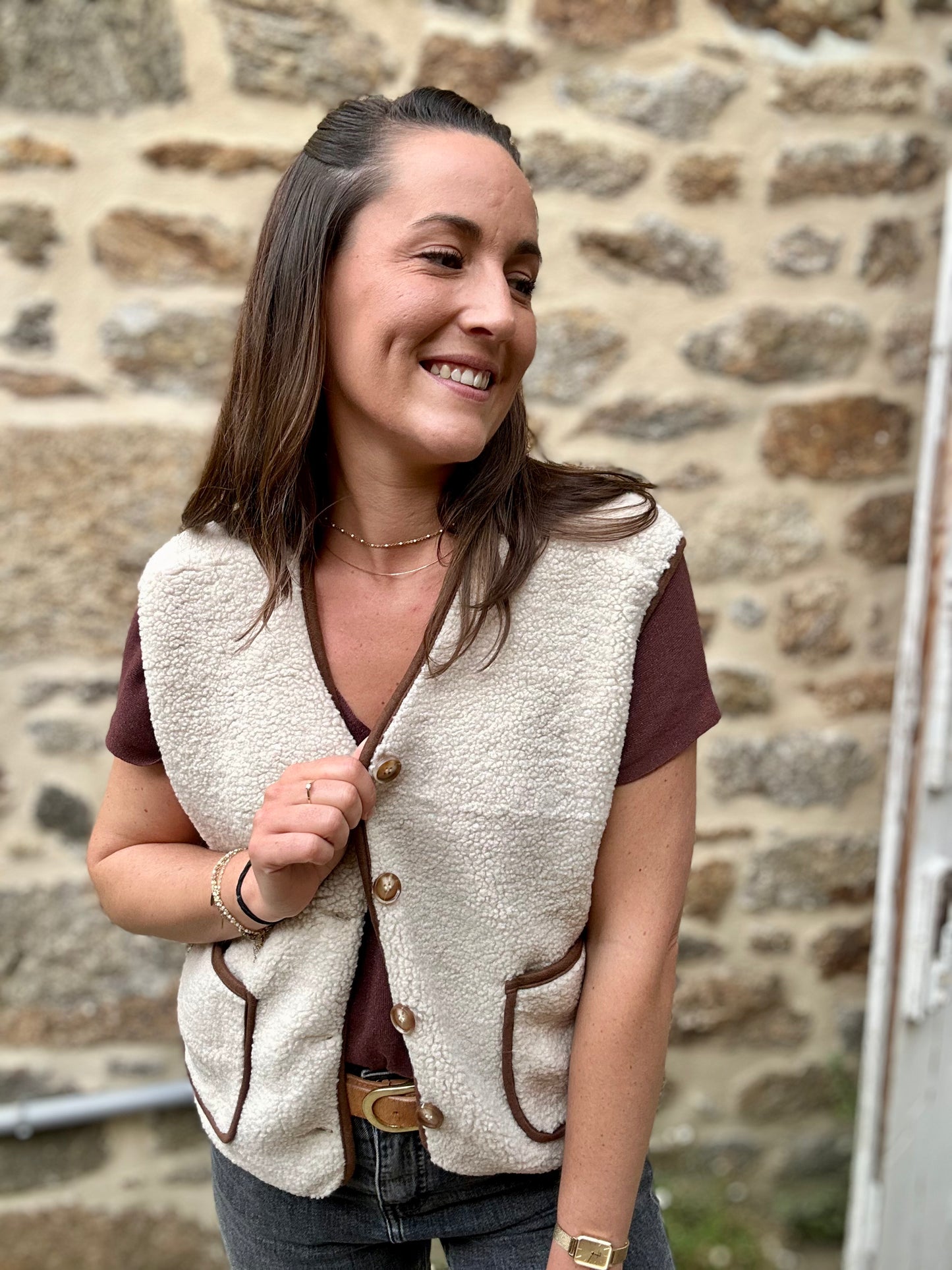 Veste beige camel S/manche moumoute