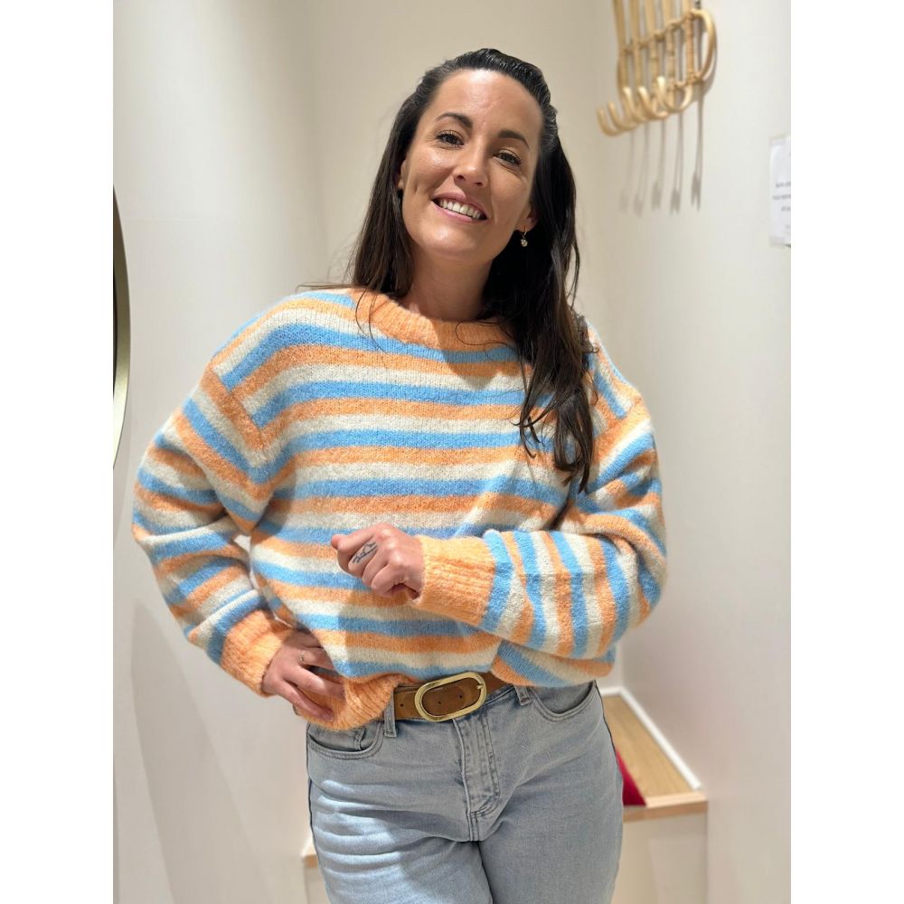 Pull rayé orange bleu écru